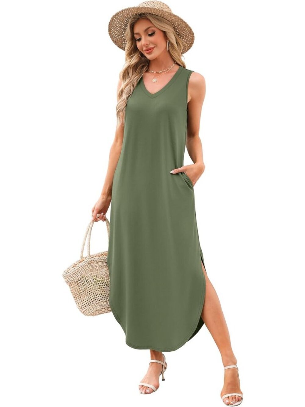 〽️Women's Army Green Sleeveless Ankle Length Pull On Imported Maxi Dresses